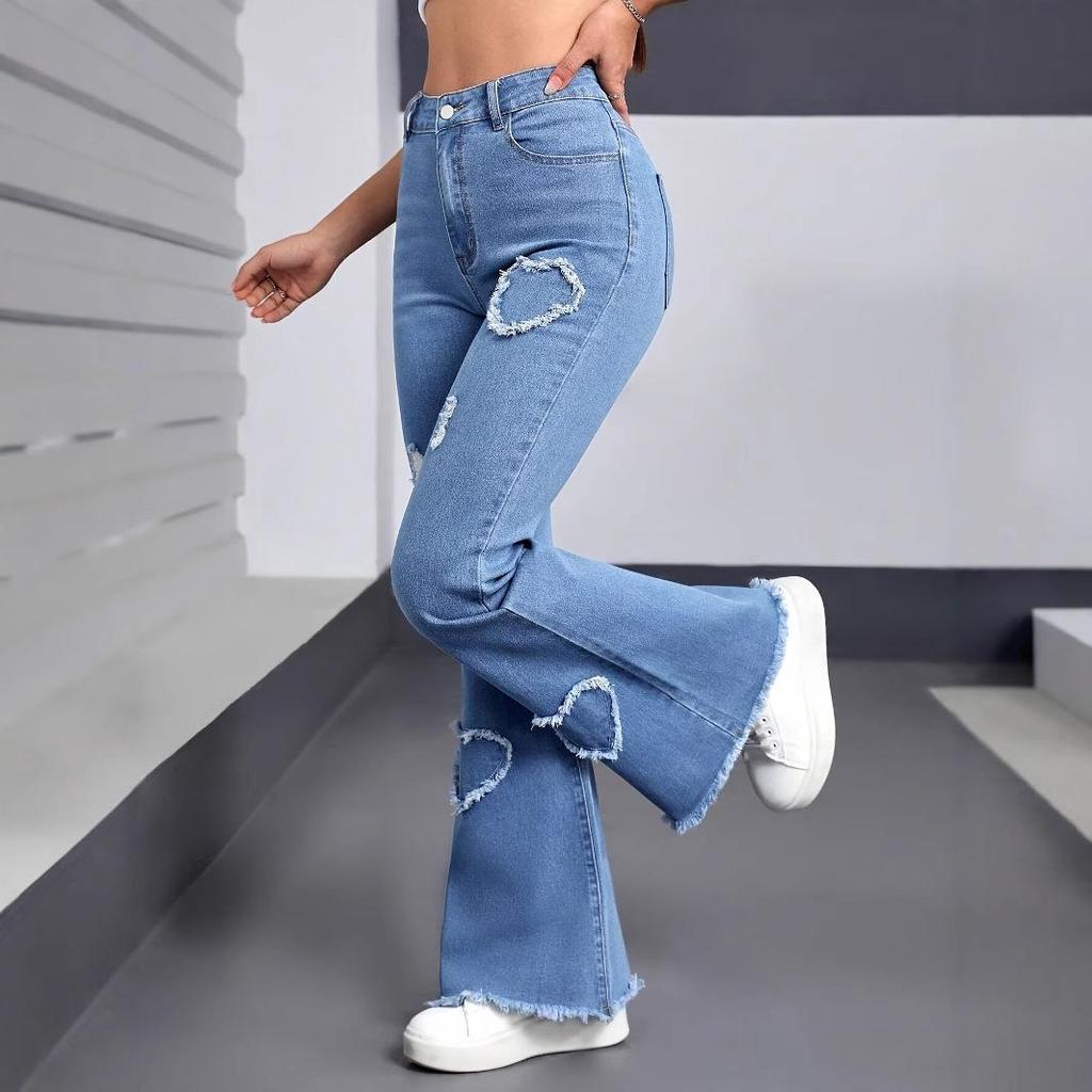 Denim Flared Bukser Dame Hull Jeans Boot Cut Slitt Streetwear Høy Midje Stretch Vasket Vintage Full Lengde Bukser