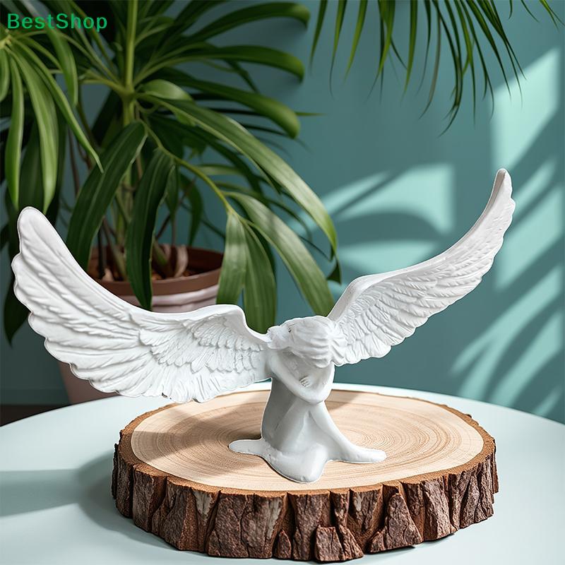 White Angel Resin Statue,Modern Minimalist Winged Angel Sculpture for Home Office Decor