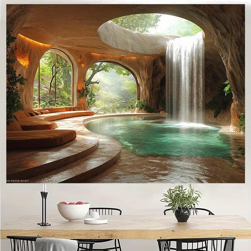 2D Spa Cave Waterfall Wall Tapestry Tropical Nature Background Cloth for Home