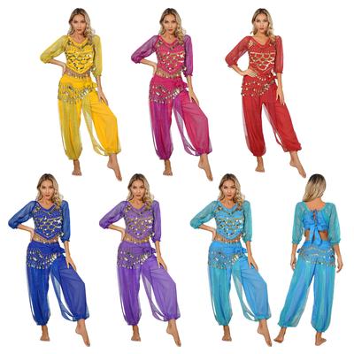 Traje de Dança do Ventre Feminino Conjunto de Três Peças Costas com Cadarço Top Curto Barra Irregular Calça Bloomers Lenço de Quadril Roupa de Performance