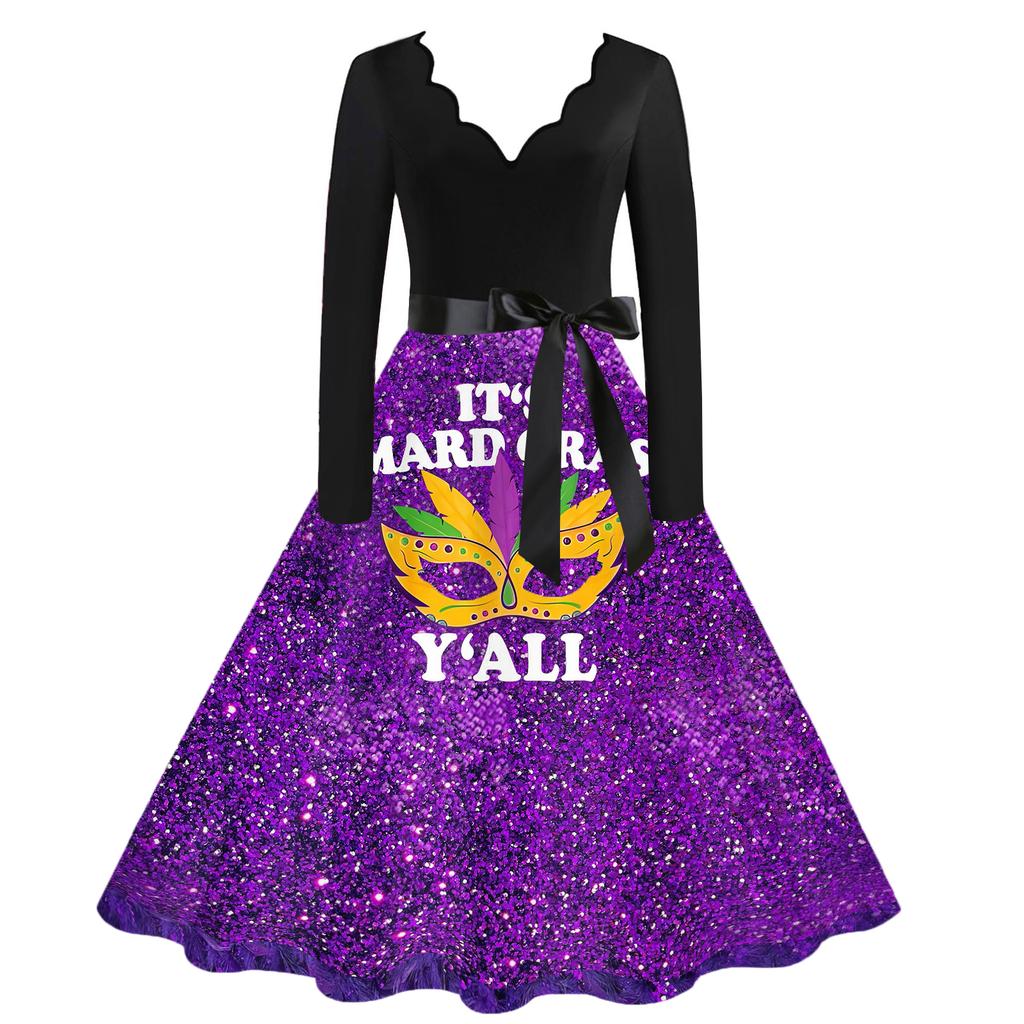 Dámské ležérní módní šaty s výstřihem do V a vintage potiskem karnevalu