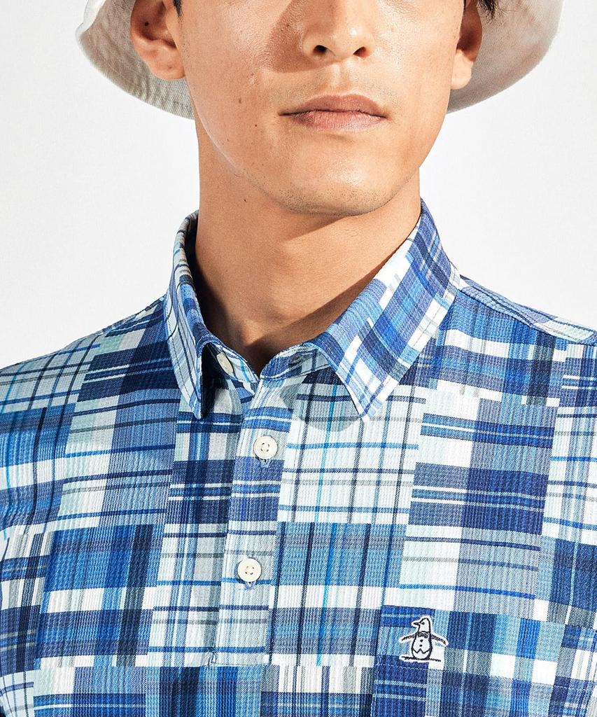 Munsingwear Short Sleeve Collared Madras Check BL00 Golf Men's Shirt, MG5SHS41M, (Blue), Moisture-Wicking, Quick-Drying, Cooling,