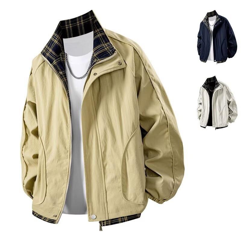 Mens Plaid Stand Collar Casual Jacket Slim Fit High Grade Outerwear