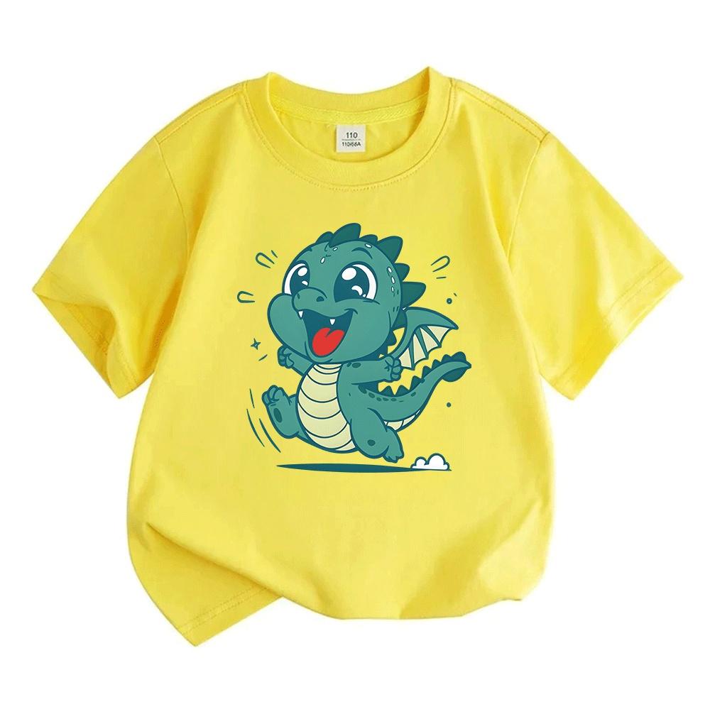 Kids Boys Girls Cute Jumping Cartoon Dragon Print T-Shirt 100% Cotton Short Sleeve O-Neck Casual Summer Soft Breathable Tee Tops for Toddler Youth Chi