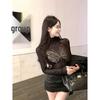 Women's Winter Long Sleeve Mesh Top with Butterfly Rhinestones - Sexy See-Through Tight Fit