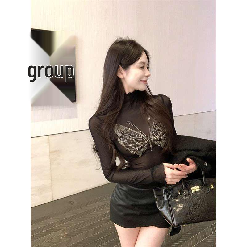 Women's Winter Long Sleeve Mesh Top with Butterfly Rhinestones - Sexy See-Through Tight Fit