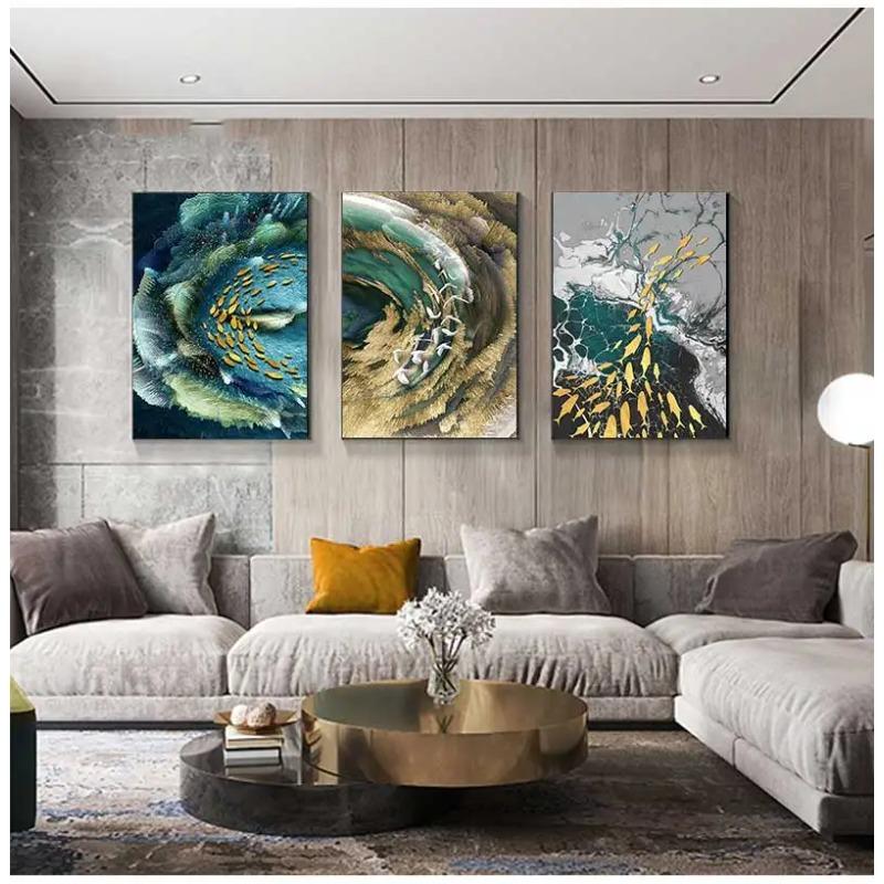 Picture for Living Room 3D Effect Tableaux Abstract Golden Feather Canvas Painting Big Blue Green Print Luxury Wall Art