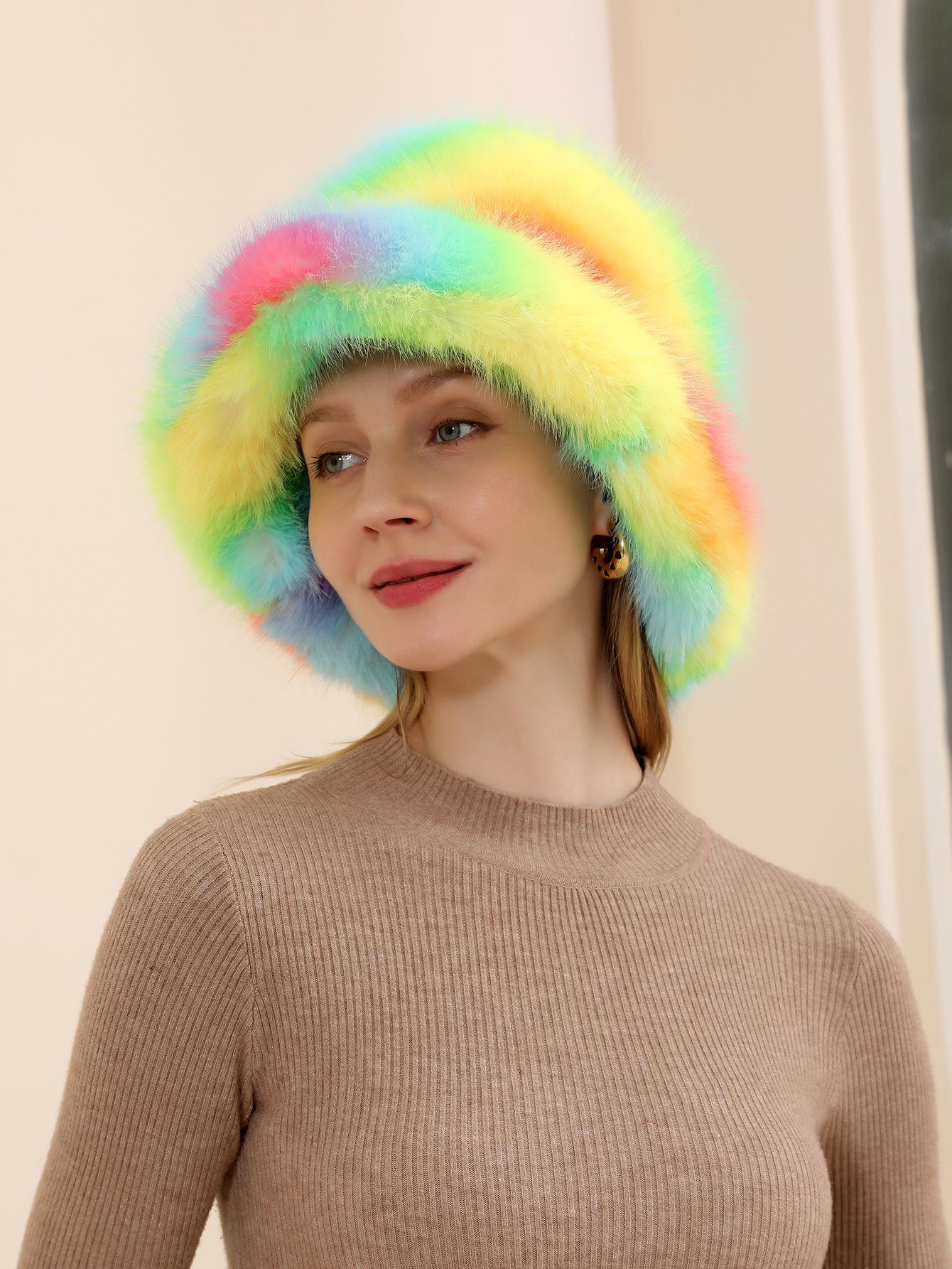 

Hat imitation fur casual fashion women warm windproof hat colorful fox fur basin hat M（56-58cm） жовтий