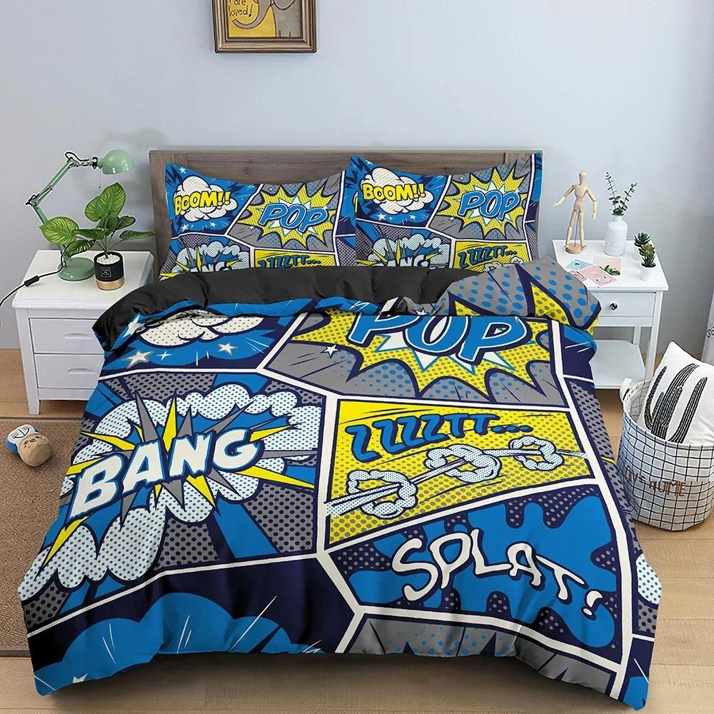 Comic Pattern Duvet Cover Queen King Cartoon Bedding Set for Boys Girls Hippie Hip Hop Rock Style Polyester Comforter Cover