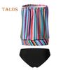 2Pcs/Set Women Swimsuit Set Bandeau Sleeveless Striped Print Swimming Tops High Waist Swimming Trunks Set Beachwear
