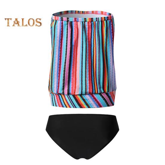 2Pcs/Set Women Swimsuit Set Bandeau Sleeveless Striped Print Swimming Tops High Waist Swimming Trunks Set Beachwear