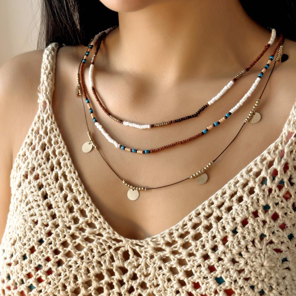Bohemian Style Multilayer Beaded Necklace With Geometric Elements For Women