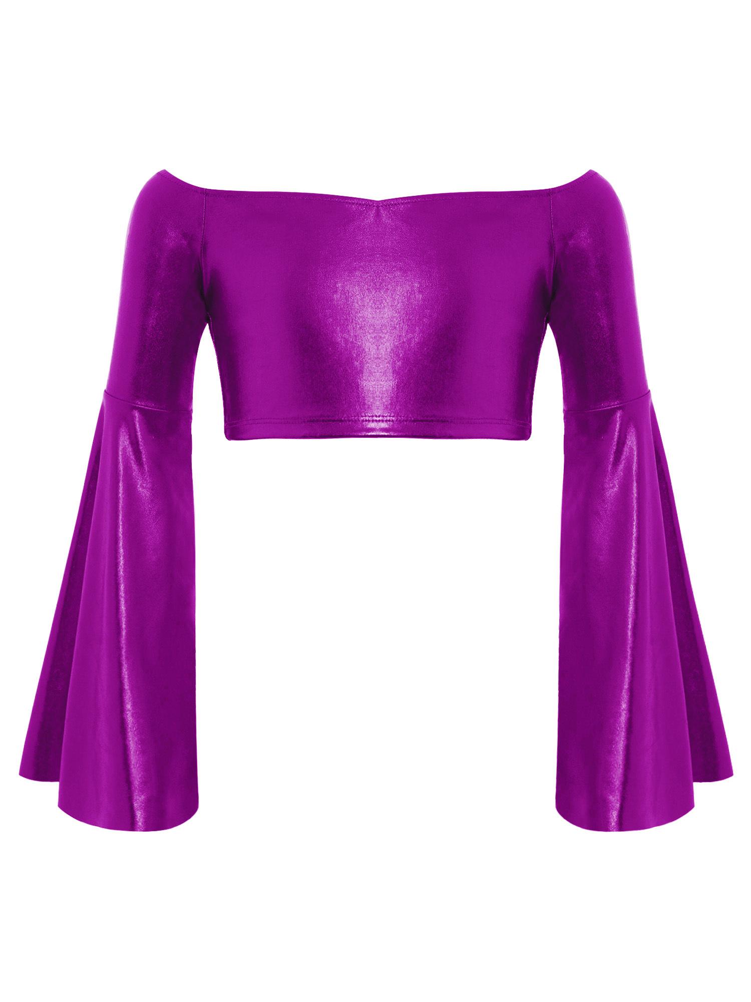 

Girls Off Shoulder Metallic Crop Top Long Flared Sleeve Design Birthday Party Performance Top 5-6 Years фіолетовий