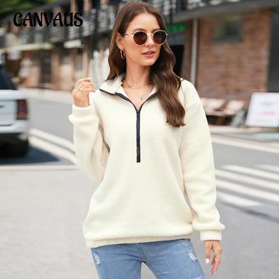 Women's Plus Size Plush Casual Top Half Zipper Pullover Long Sleeved Sweatshirt Hoodie