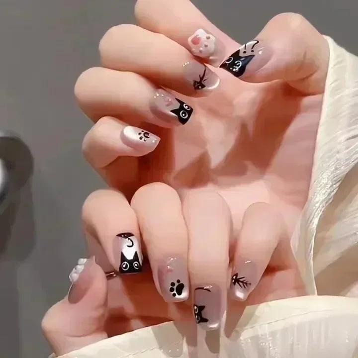 24 Stück Niedliche Girly Kurze Quadratische Falsche Nägel Süße Weiße Französische Nägel Glitzer Stern Strasssteine Nagelkunst Katzenauge Schleife Press-On Nägel