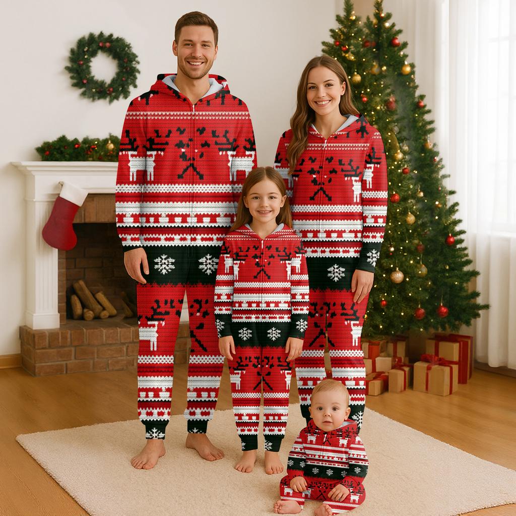 Christmas Print Family Matching Hooded Long Sleeved Zippered Jumpsuit Set