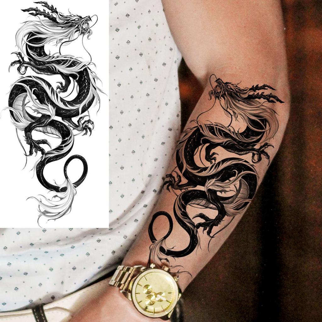 Black & White Snake Dragon Skull Waterproof Temporary Tattoo Sticker for Arm/Leg.