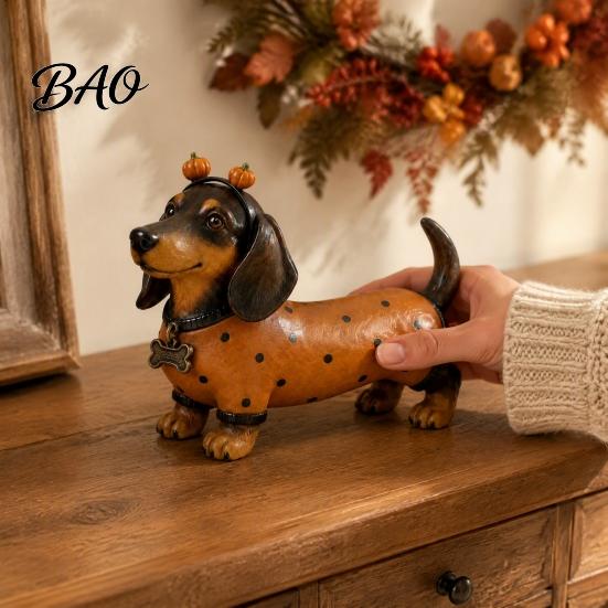 Unique Holiday Party Favors Fall Harvest Dachshund Figurine, Halloween Statue with Pumpkin Headband Polka Collectible Dog Lover Gifts Dot Outfit,