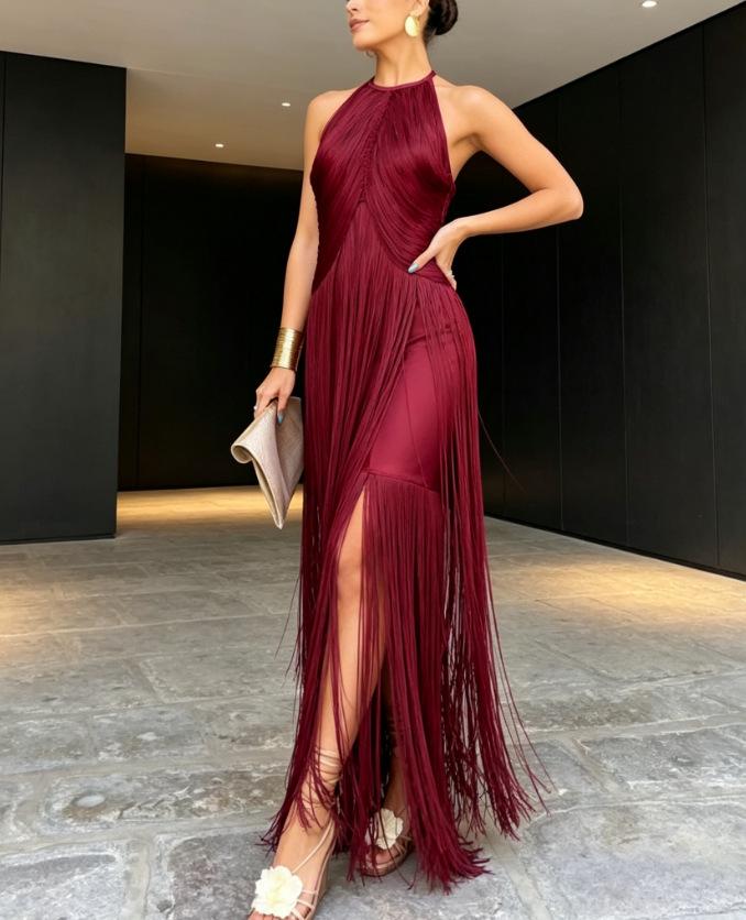Spring and Summer European and American Neck Fringed Long Dress Women's Sleeveless Slim Temperament Dress Dress Dress Dress Factory Spot