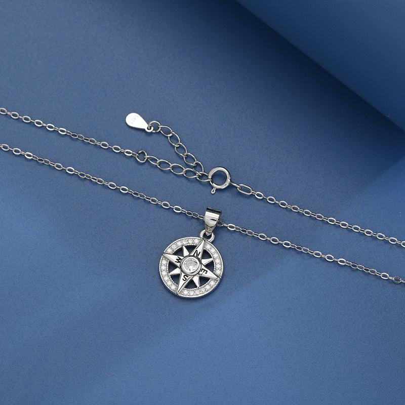 Elegant 925 Sterling Silver Eight-Pointed Star Necklace with Inlaid Diamonds - Women's High-End Niche Compass Pendant.