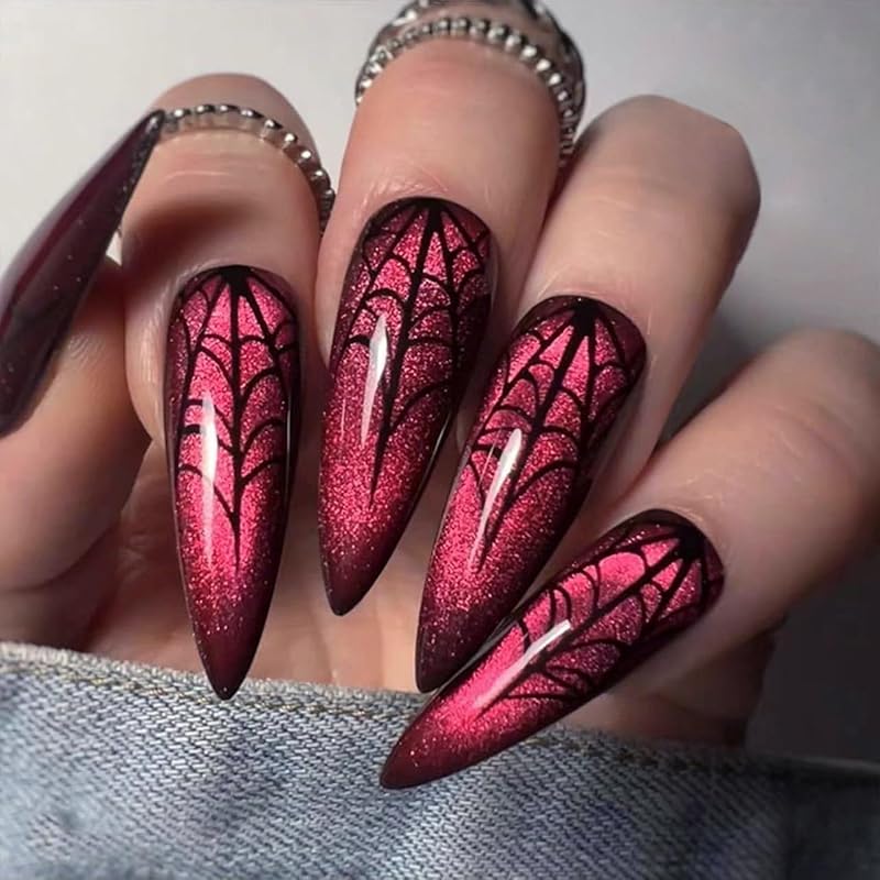 Halloween Press On Nails Medium Almond Fake Nails with Designs Bat Purple French Tip Glossy Glue On Nail 24 Pcs Natural Reusable Acrylic Nail for