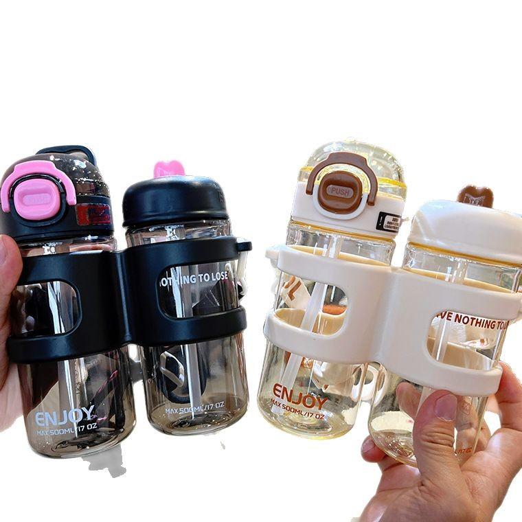 Water bottle: Dual drink, plastic cup, dual-compartment cup, cute straw cup, water cup, new cartoon portable children's water bottle