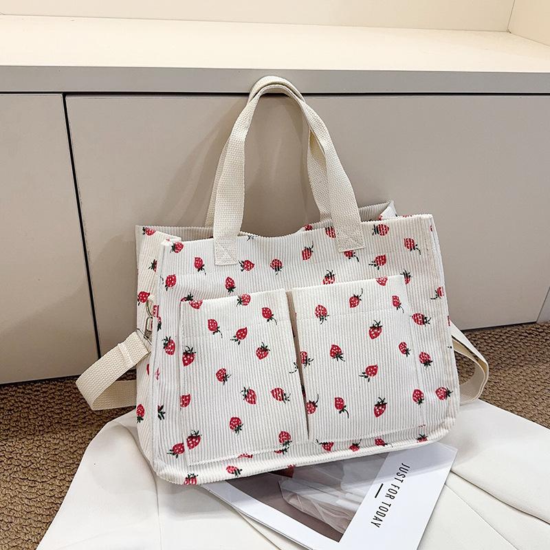 Sweet Strawberry Print Corduroy Shoulder Bags for Women Large Capacity Ladies Multi-Pocket Crossbody Bag Bow Handbags Tote