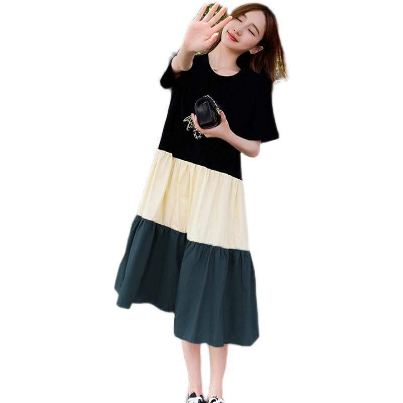 Maternity Summer A-line Knee-Length Dress with Contrast Color Splicing
