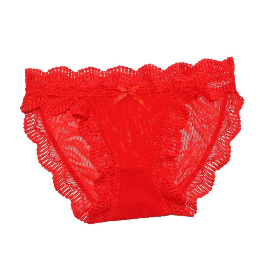 Women's Red Lace Mesh Low-Rise Quick-Dry Triangle Panties for Temptation and Auspicious Wedding