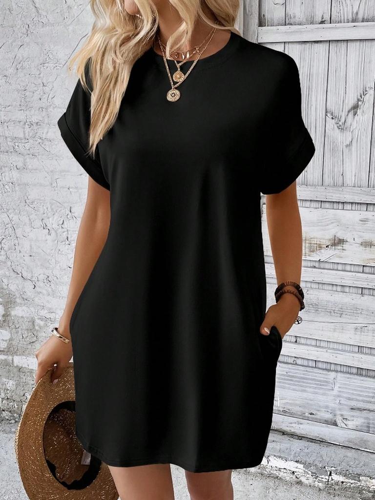 Women's Summer New Arrivals Solid Color Crew Neck Loose Short Sleeve Pocket Dress