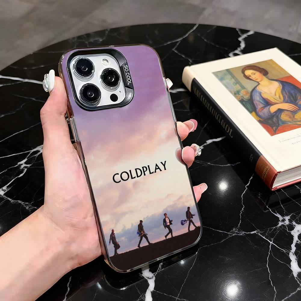Colorful Band C-Coldplay CC Phone Case For iPhone 17,16,15,14,13,12,11 Plus,Pro Max,XS,Colored Silver Plated Inside Cover