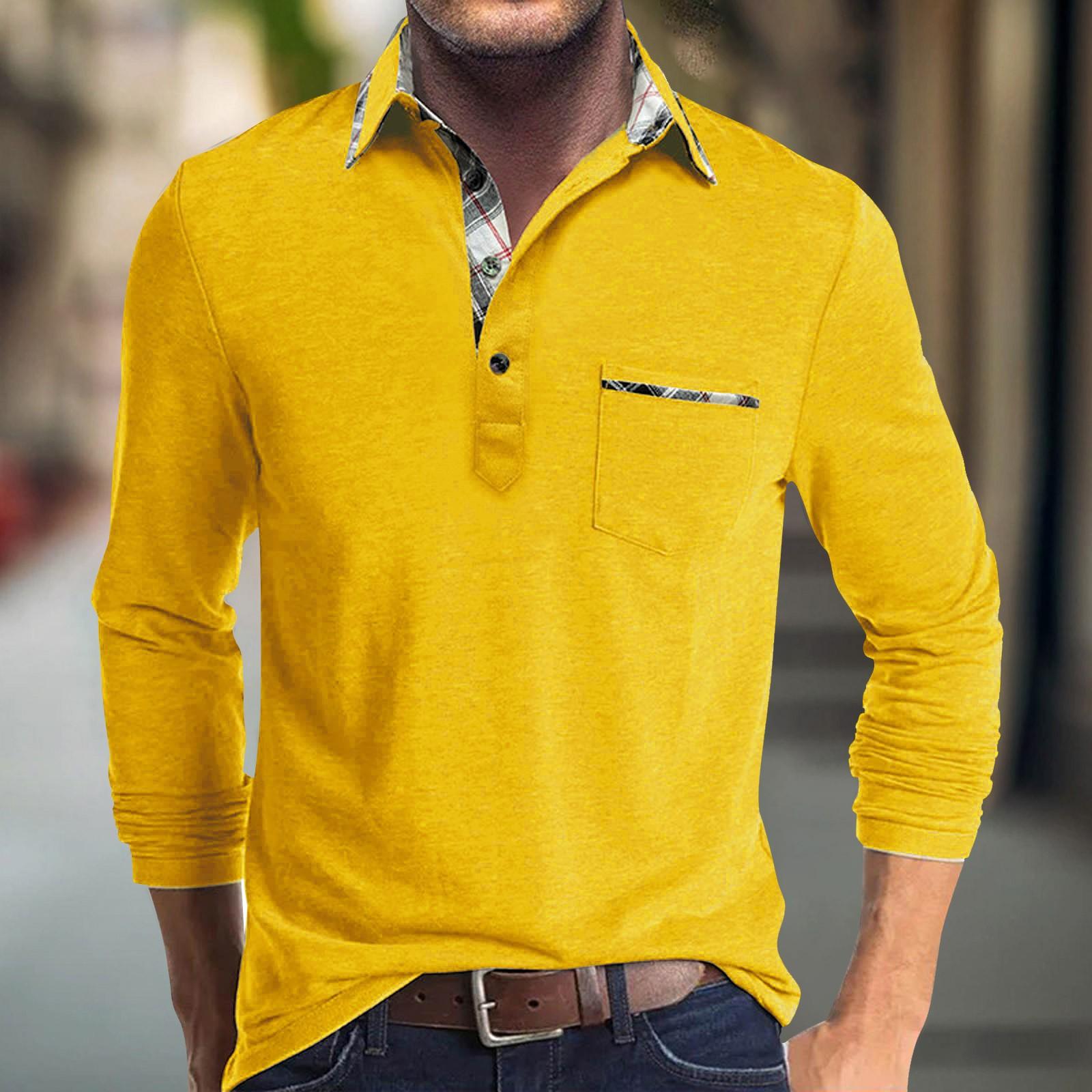

Мужская весенняя однотонная футболка с отворотом, 3 пуговицами, открытой планкой, длинными рукавами XL жёлтый