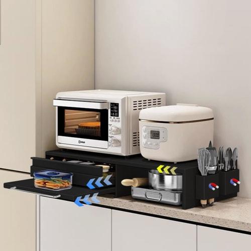 

Mamakura Хранение под бытовой техникой, Расширенный дизайн, Большая вместимость для хранения под микроволновой печью, Выдвижной стол, Прибл.. Ш46.6-92 x Г38 x В16.5см, Черный