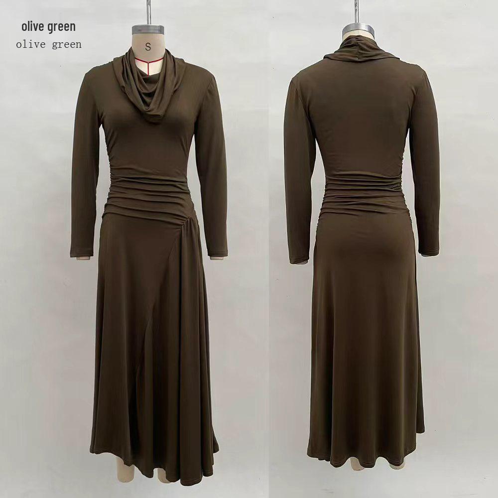 Elegant High Neck Pleated Slimming Long Sleeve Dress for Women - Autumn/Winter Collection 2025 M