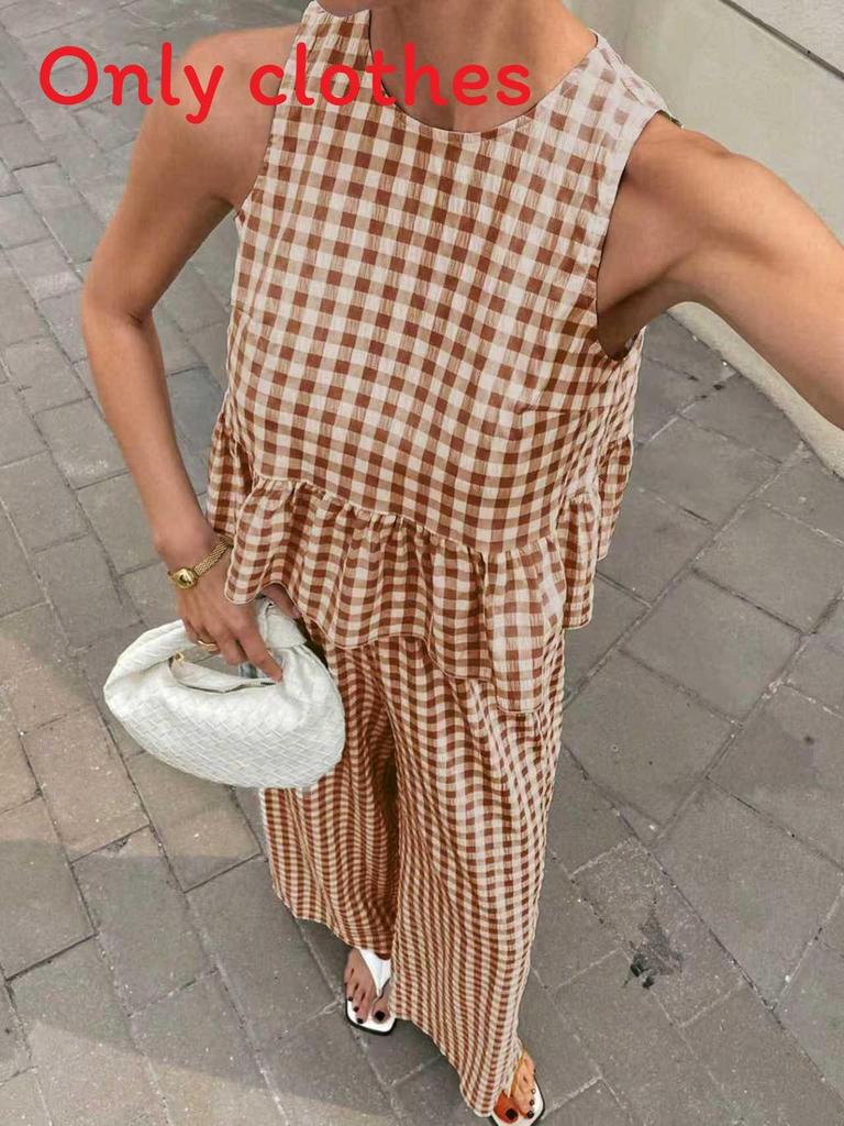 Casual Plaid Sleeveless Twopiece Set With Ruffle Hem For Women Spring Summer Comfort