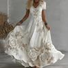 Women's Boho V-Neck Maxi Dress, Floral Print Short Sleeve Casual A-line Dress, Vintage Western Travel Vacation Outfits