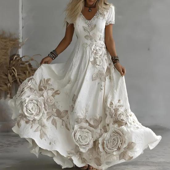Women's Boho V-Neck Maxi Dress, Floral Print Short Sleeve Casual A-line Dress, Vintage Western Travel Vacation Outfits