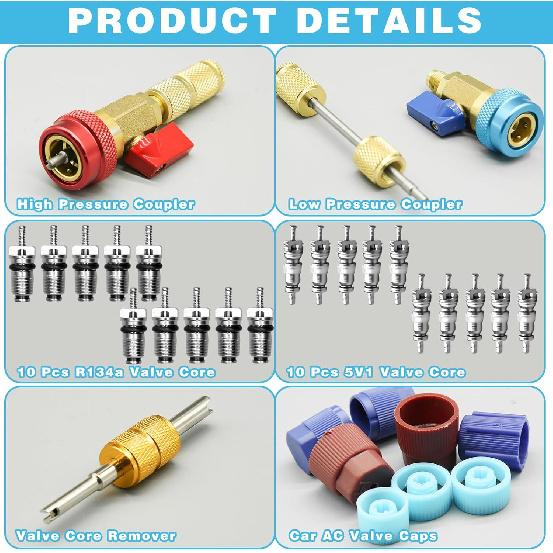 31Pcs R134A Valve Core Quick Remover Installer Tool Set, High Low Pressure AC Valve Core Removal Tool with R134A Valve Core AC Service Port Cap Valve