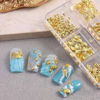 1 Caja Verano Tema Océano Charms 3D para Uñas Metal Concha Estrella de Mar Caballito de Mar Perlas Perlas Aleación Tachuelas de Manicura Decoraciones de Uñas