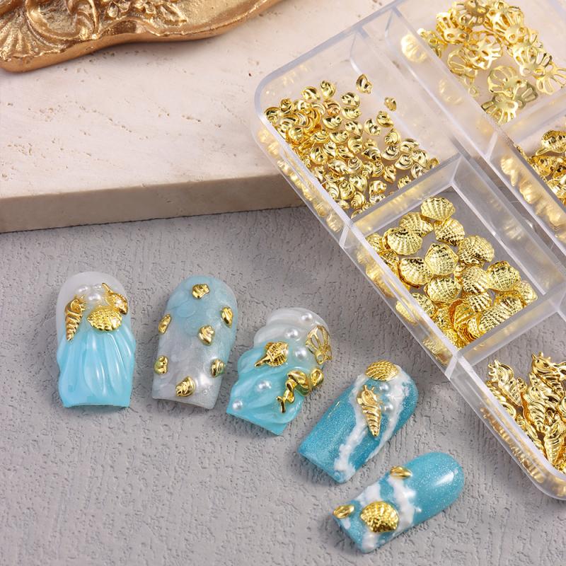 1 Box Metal Summer Ocean Nail Art Charms 3D Shell Starfish Seahorse Pearl Beads Alloy Nail Jewelry Mixed Manicure Studs Decor