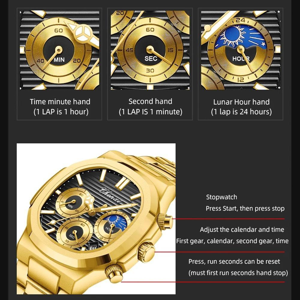 Men's Multifunction Quartz Watch Chronograph Luminous Water-Resistant Luxury Golden Steel Bracelet Men Moonswatch