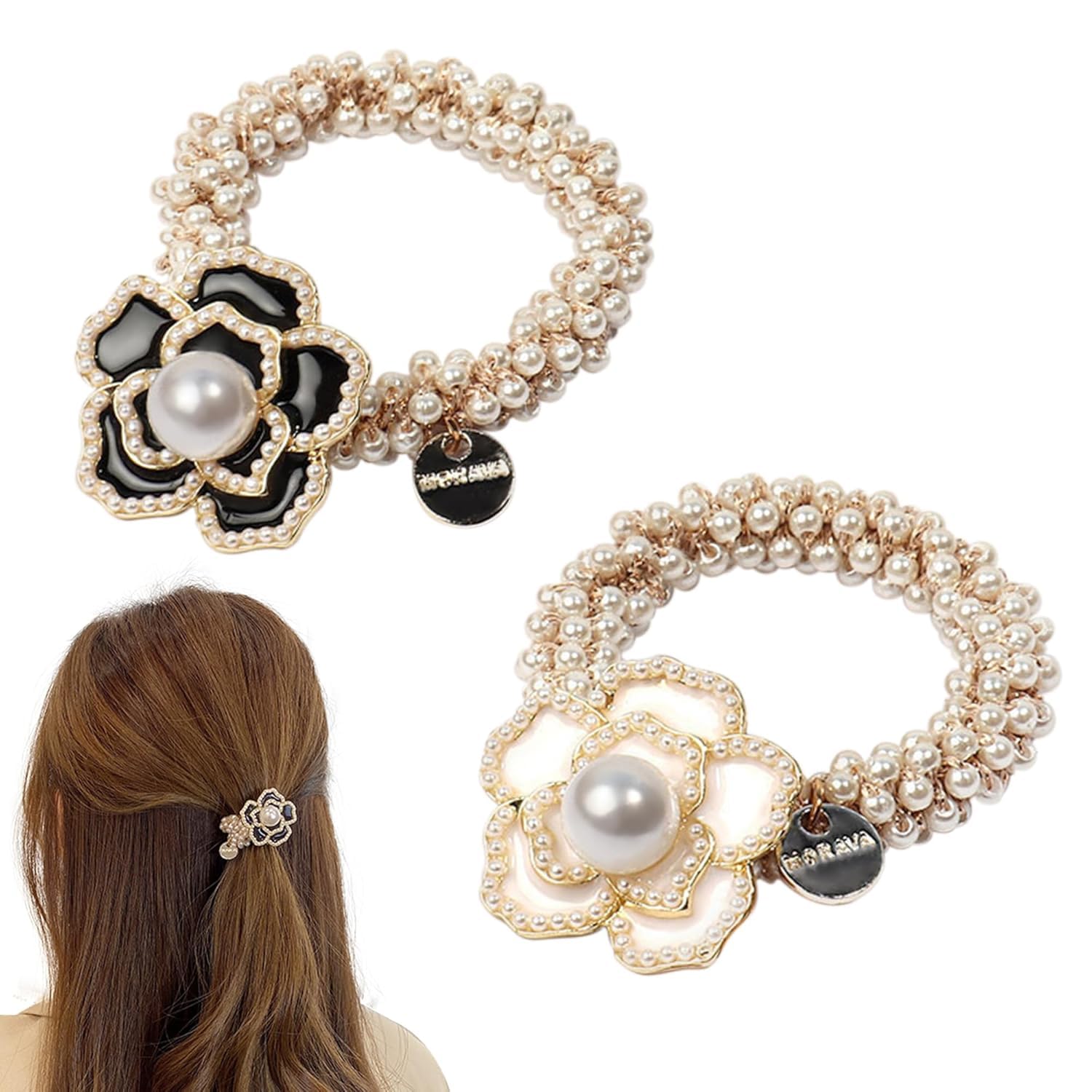 Melodio 2 Pcs Pearl Flower Hair Ties for Women, Elegant Camellia Ponytail Holders, Luxury Pearl Elastic Hair Bands, Vintage Enamel Flower Hair Access