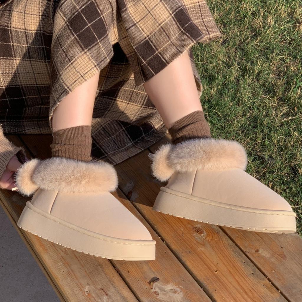 Bavlněné pantofle s mašlí pro ženy, zimní s patou v tašce s plyšovými bavlněnými botami, dívčí styl, teplé a se silnou podrážkou pro venkovní nošení