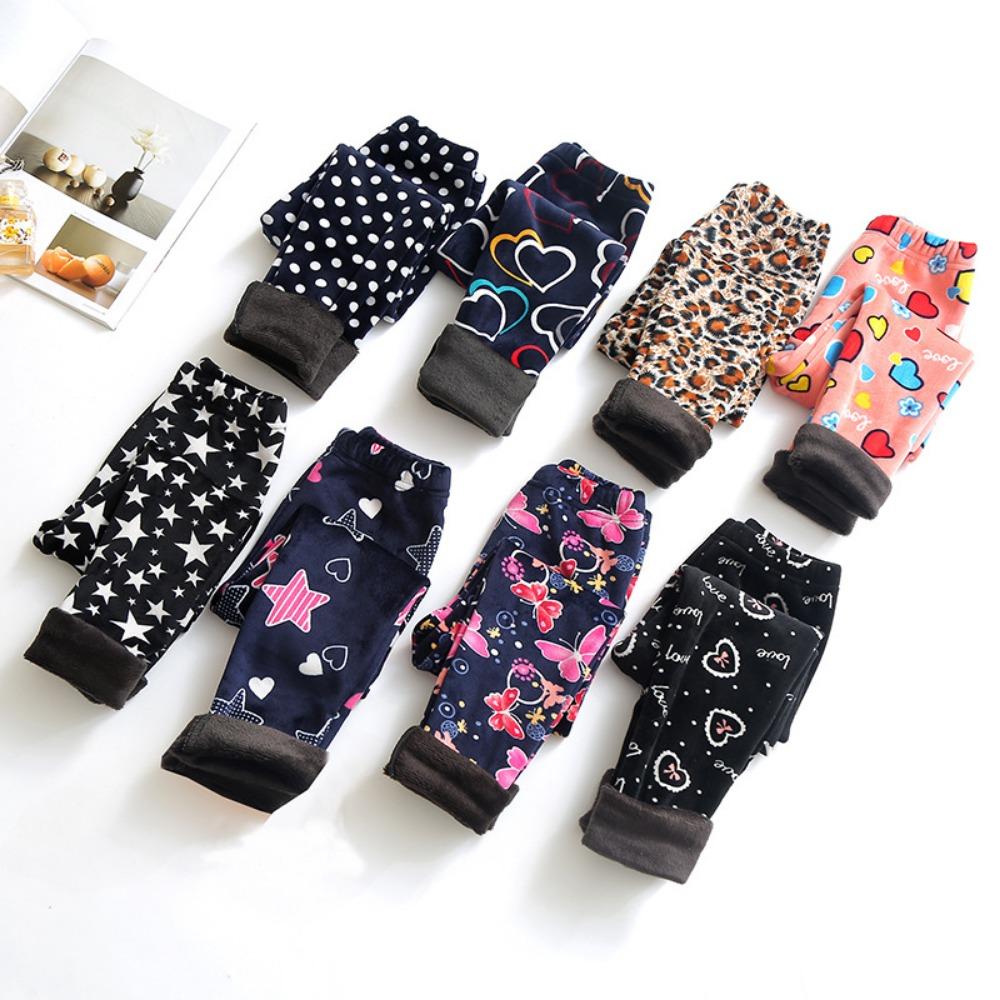Girls' Fleece-Lined Leggings: Autumn/Winter Children's Printed Slim-Fit Thermal Pants - Outerwear Long Pants