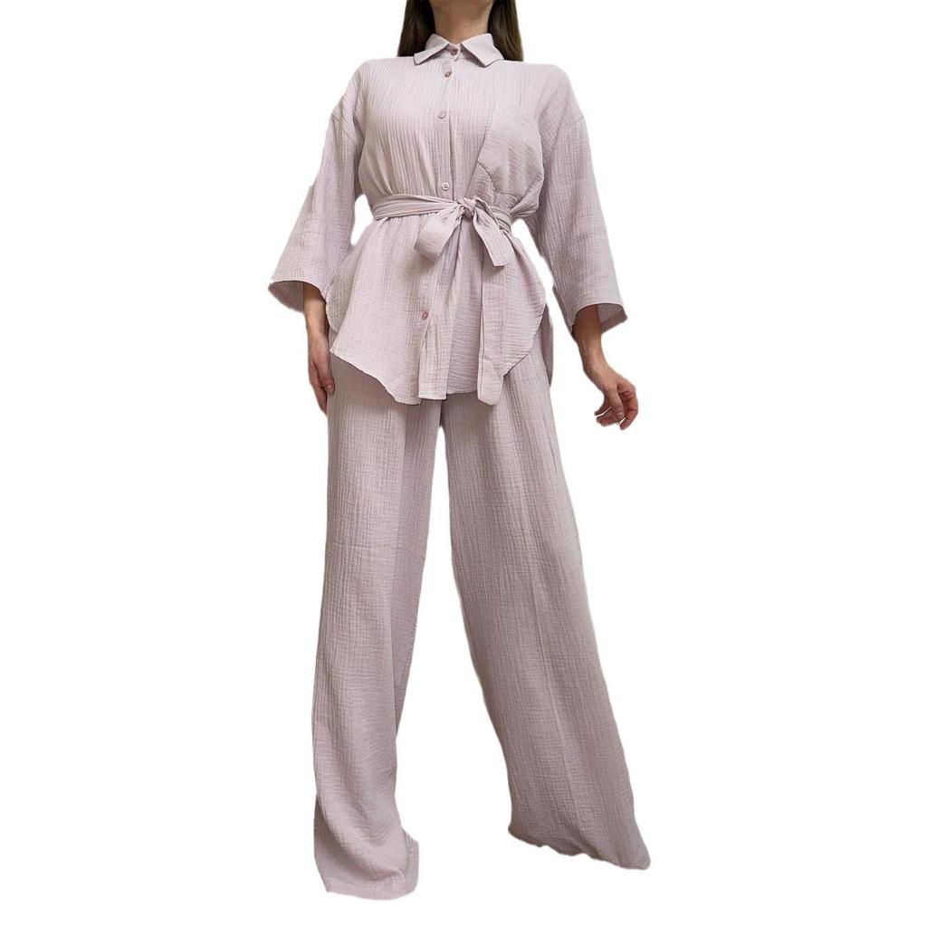 Conjunto de Camisa com Amarração e Calça de Pernas Largas Feminino Europeu e Americano Primavera 2024