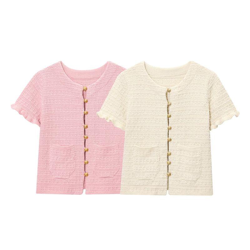 Araltay New Arrival Women's Clothing Fashion Style Fashion All-Match Casual round Neck Short Sleeves Laminated Decoration Knitting Outwear