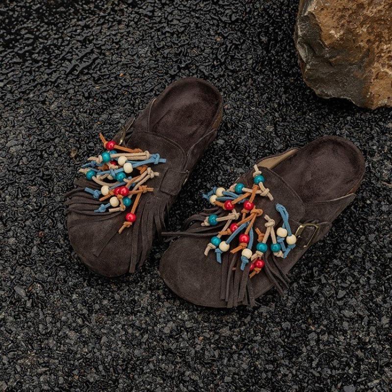 Fashion Autumn New Baotou Slippers Women's Fashion Round Head Deep Fringe Non-slip Wear-resistant Comfortable Flat Shoes