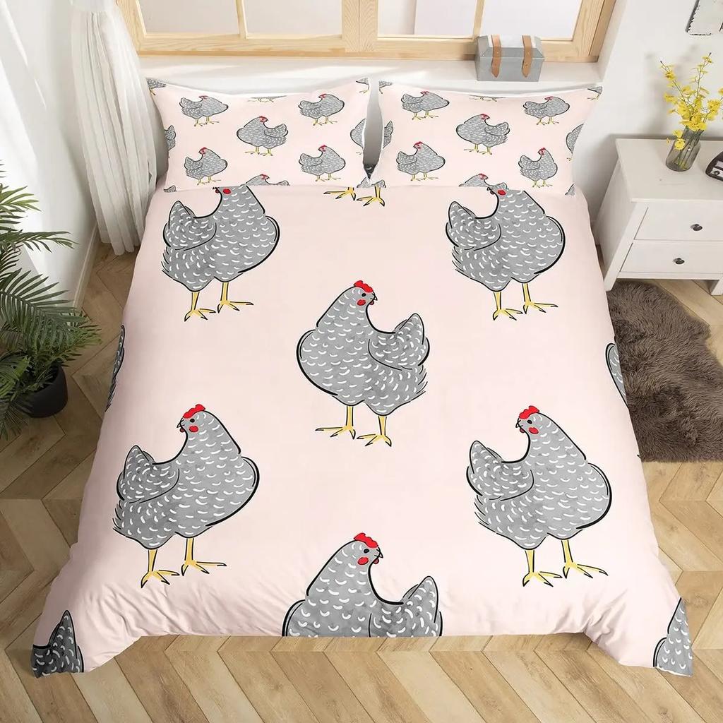 Cute Chicken Duvet Cover King Queen Colorful Rooster Bedding Collection Farm Animal Comforter Cover Funny Rustic Farmhouse Quilt Cover