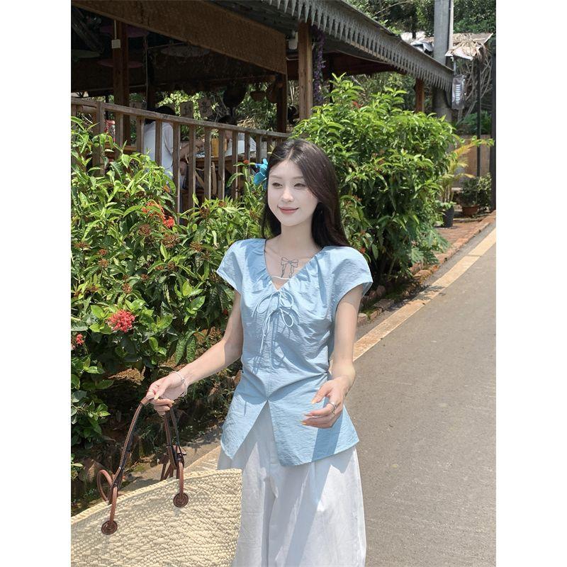 Kumikumi Sweet Style Set Blue Pleat Short sleeve Shirts Women Summer High Waist Slimming Wide Leg Pants Two-piece Set