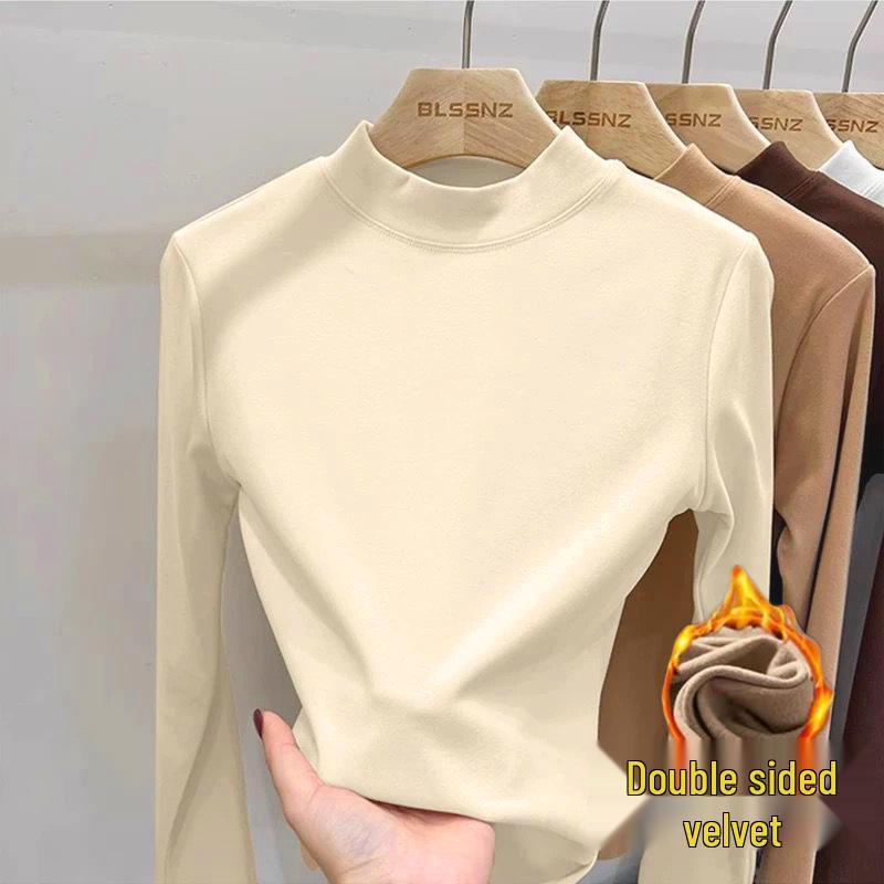 

Женская приталенная футболка с длинным рукавом: Двусторонний немецкий бархат, полувысокий воротник, теплый и плотный для осени/зимы 3XL (150-170 jin)
